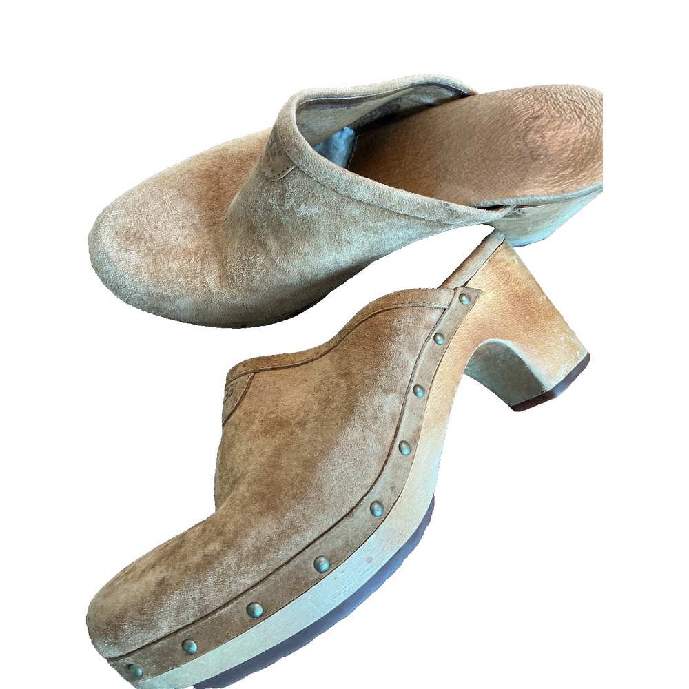 UGG Abbie Suede Studded Wood Heel Clogs Sheepskin Sz 7 EU 38 Boho Festival